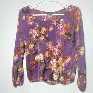 Nikato Blouse Women’s M Purple Floral Long Sleeve Elastic Neck Hem Career Top